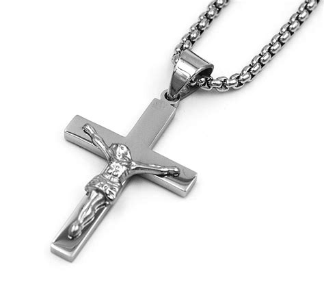 Stainless Steel Plain Silver Jesus Christ Crucifix Christian Cross Pendant Necklace with Round ...