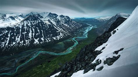 Sweden Valley River Between Snow Covered Mountain HD Nature Wallpapers ...