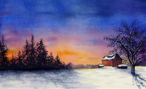 Winter Sunset with Sun Dogs, 11x15 ORIGINAL Watercolor - campestre.al ...