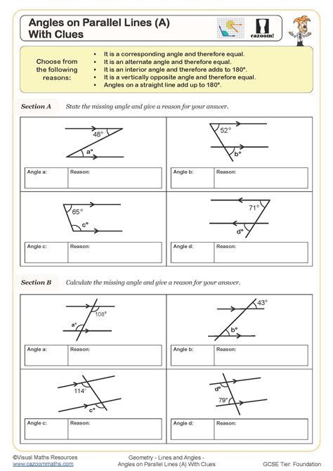 Angles on Parallel Lines (A) (With Clues) Worksheet | Cazoom Maths Worksheets