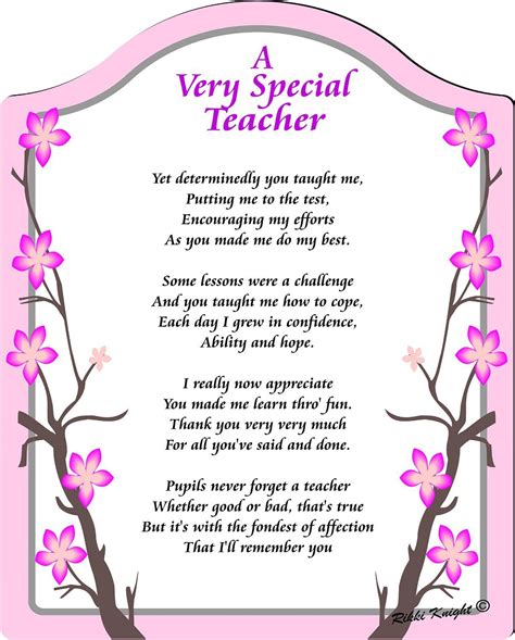 A Very Special Teacher- Thank You Touching 5x7 Poem with Full Color Graphics - Professionally ...