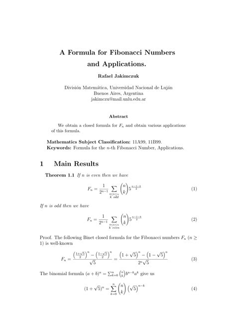 (PDF) A Formula for Fibonacci Numbers and Applications