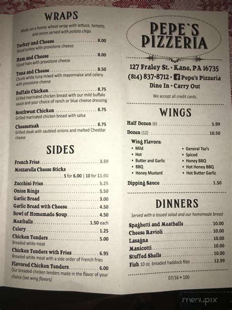 Menu of Pepe's Pizzeria in Kane, PA 16735