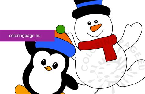 Cute snowman with penguin | Coloring Page