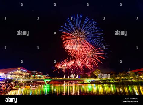 Adelaide, Australia - January 26, 2018: Australia Day fireworks on display in Elder Park viwed ...