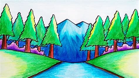 How to Draw Pine Forest with Color Pencils for Beginners | Easy Mountain and Forest Scenery ...