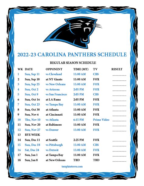 Printable 2022-2023 Carolina Panthers Schedule