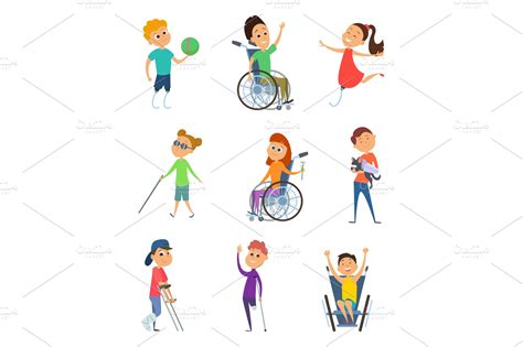 Disabled people. Wheelchair for kids. Children with disability. Vector characters in cartoon ...