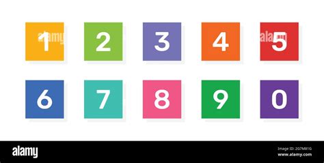 Numbers 1, 2, 3, 4, 5, 6, 7, 8, 9 and 0 vector icons on colorful square button design Stock ...