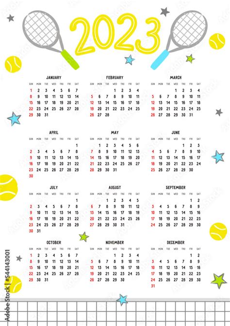 Kids Sports Calendar template for 2023 with Tennis rackets and balls. Week starts on Sunday. 12 ...