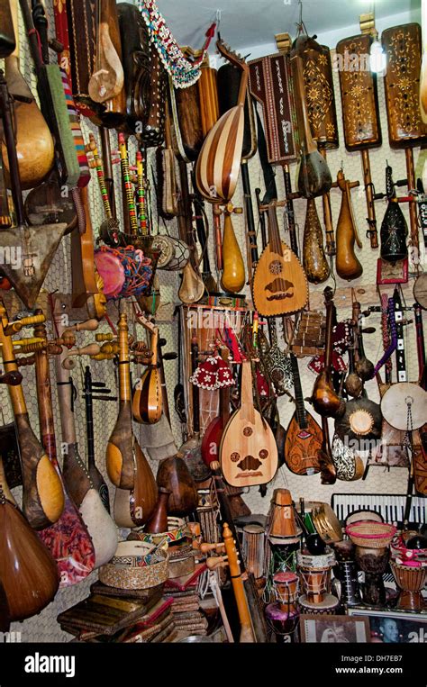 Marrakesh Morocco Musical instrument shop guitar drum Stock Photo ...