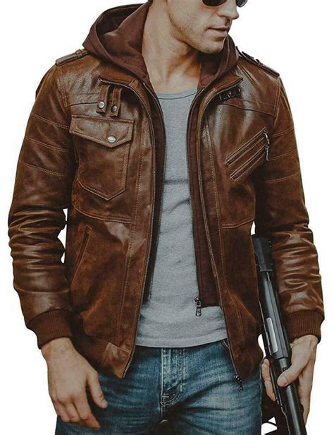 Brown Distressed Hooded Handmade Genuine Sheepskin Leather Jacket For Men in 2020 | Leather ...