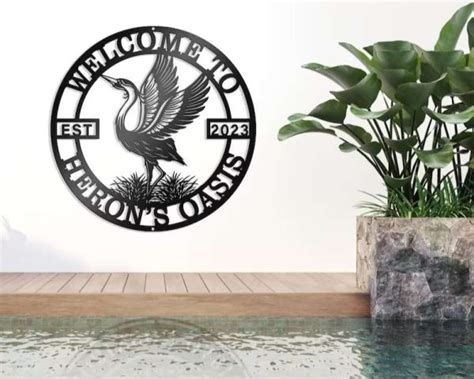 Personalized Heron Metal Wall Art Sign Elegant Lake Bird Sign for Family Backyard Pond or Lake ...