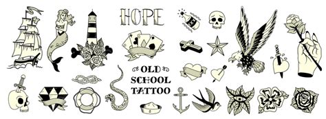 Old School Tattoo Vector Art PNG, Old School Tattoo Black White Elements Set With Eagle Mermaid ...