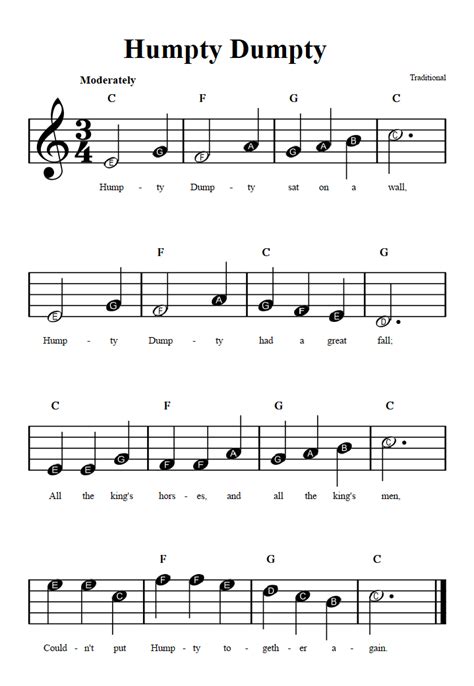 Humpty Dumpty: Beginner Sheet Music with Chords and Lyrics