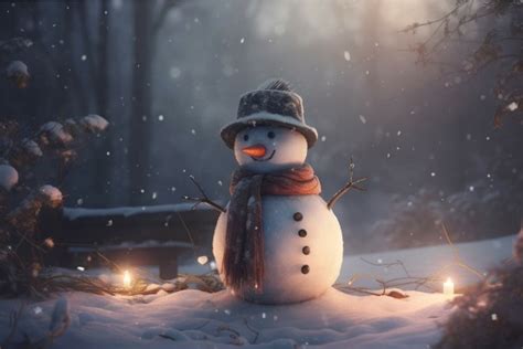 Snowman winter night. Generate Ai