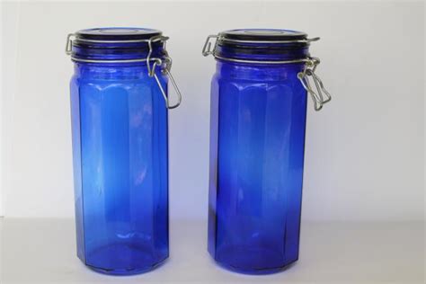 80s 90s vintage cobalt blue glass kitchen canisters, tall french canning jar style