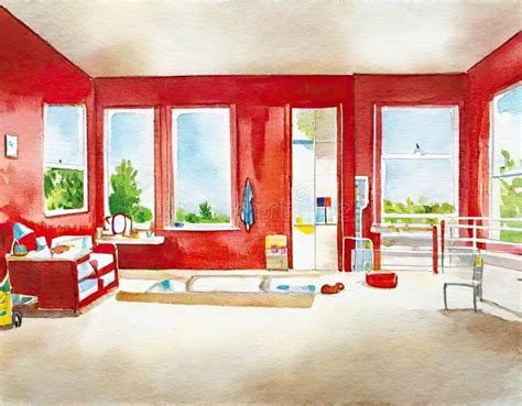 Watercolor of Kids Bedroom Modern Style Interior Design Stock Illustration - Illustration of ...