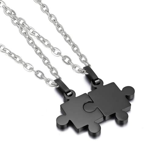 2 Pieces Stainless Steel Puzzle Matching Pendant Couple Necklace Set with 18" & 22" Chain ...