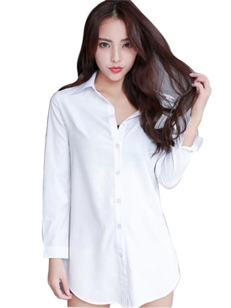 weefy - Women Casual Loose Long Sleeve White Shirt Boyfriend Button ...