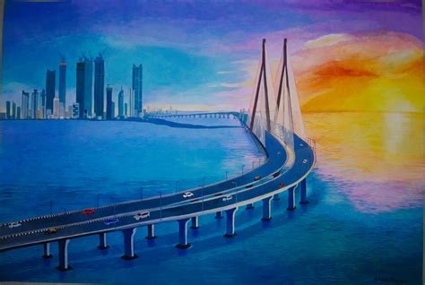 Mumbai Sea Link- Seascape Painting By Shreyas Makwana, Paintings Fine Art for Sell