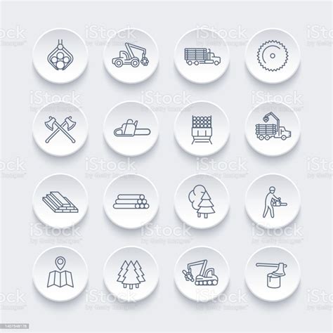 Logging Line Icons Set Forest Harvester Logging Truck Lorry Chainsaw ...