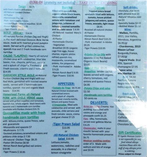 El Aguila Restaurant Menu, Menu for El Aguila Restaurant, Pleasant Hill, Pleasant Hill ...