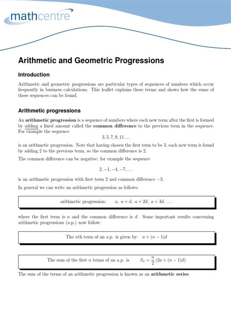 Arithmetic and Geometric Progressions | PDF | Arithmetic | Elementary ...