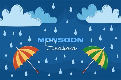 Free Vector | Flat monsoon season background with umbrellas and rain