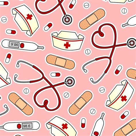 seamless pattern with medical items and stethoscopes on a pink background