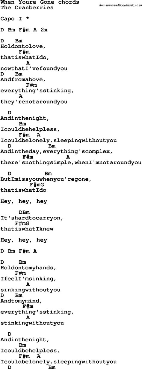 Song lyrics with guitar chords for When You're Gone