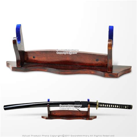 One Tier Samurai Katana Wakizashi Sword Display Stand Solid Wood w/ Blue Velvet