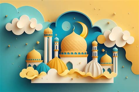 Premium Photo | A paper cut illustration of a mosque with a moon and stars.