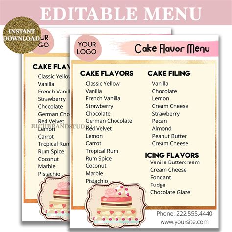 Editable Cake Flavor Menu Bakery Icing Flavor Menu Bakery - Etsy Nederland