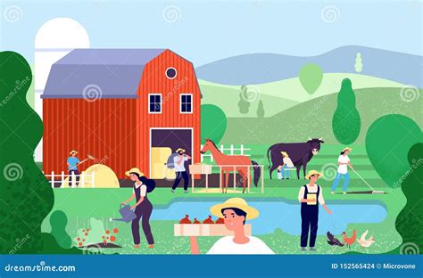 Cartoon Farm with Farmers. Agricultural Workers Work with Farm Animals ...