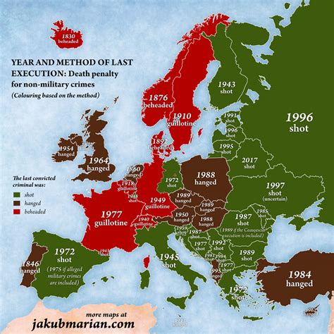 El mapa europeo de la última ejecución y el método elegido en cada país