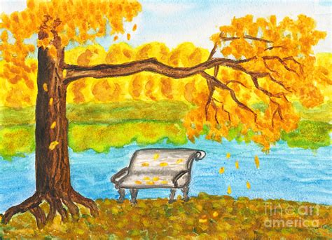 Autumn landscape with tree and bench, painting Painting by Irina Afonskaya | Fine Art America