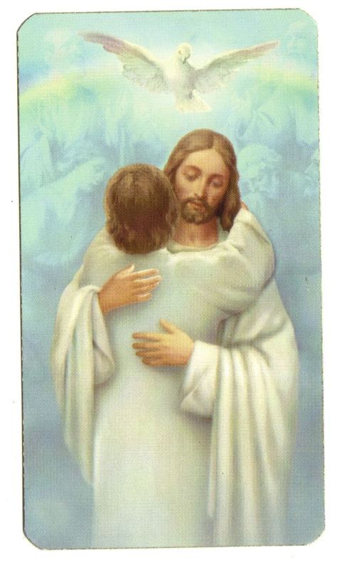 THE REUNION Holy card with Christ hugging man & Dove in HEAVEN ~ Made ...