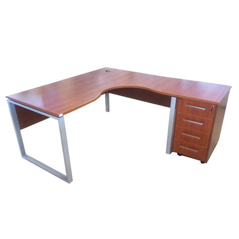 MEX: L-Shape Office Desk + 4-Drawers Mobile Pedestal; 160/140x80/60x75cm #BR-01/02-TBR/MP - T&C