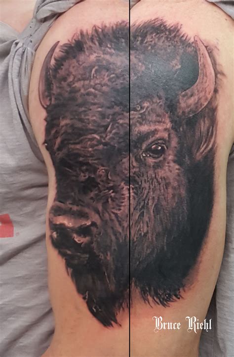 Realistic black and grey Bison American Buffalo tattoo by Bruce Riehl | Buffalo tattoo, Chevron ...