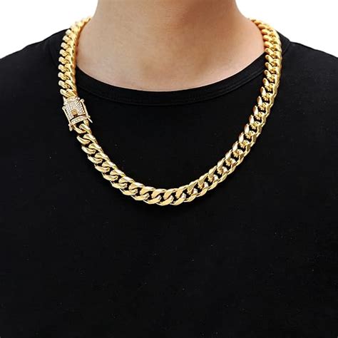 HZMAN Men's 12mm Heavy Miami Cuban Link Chain 18k Gold Plated Cz Iced-Out Miami Cuban Necklace ...