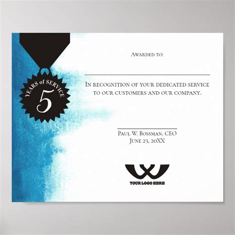 watercolor employee 5 year anniversary certificate poster | Zazzle