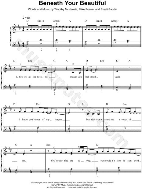 Labrinth "Beneath Your Beautiful" Sheet Music (Easy Piano) in D Major (transposable) - Download ...