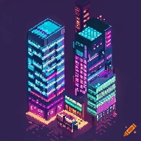 Isometric pixel art dense neon city