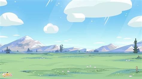 an image of a cartoon landscape with mountains in the back ground and clouds in the sky