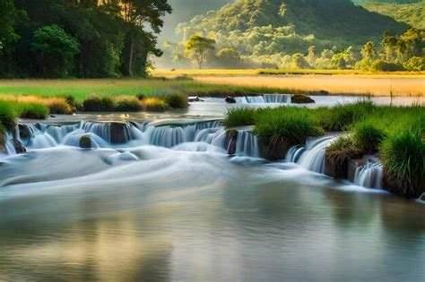 Premium Photo | A waterfall in a forest with a mountain in the background