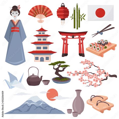 Japanese symbols vector illustration. Colorful set of Japan culture icons isolated on white ...