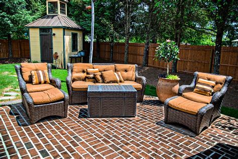 Exterior Covered Patio with Fireplace and Furniture. Stock Image ...