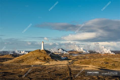 Reykjanes Lighthouse, the oldest lighthouse in Iceland, on Baejarfell ...