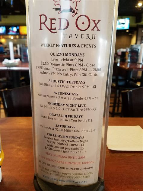 Menu at Red Ox Tavern pub & bar, Auburn Hills